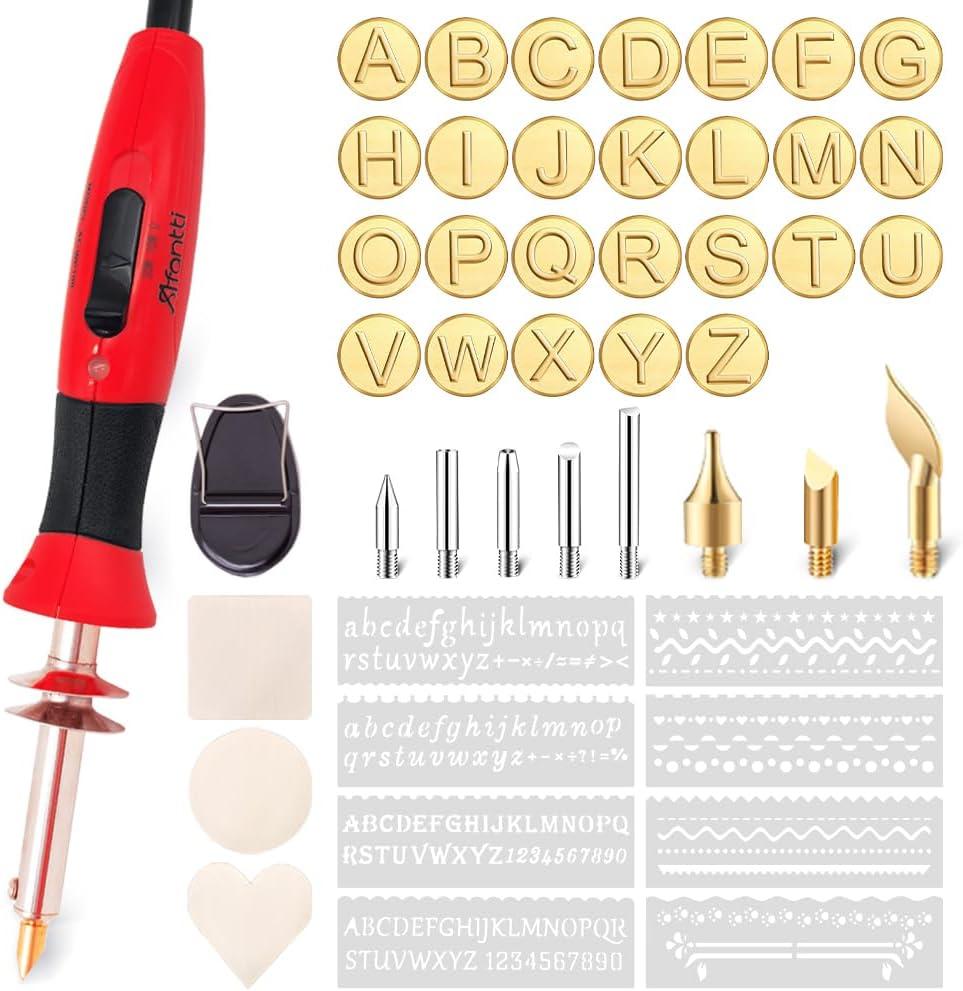 Wood Burning Pen Leather Pyrography Tool Burner Kit | 26 Letters | Temperature Adjustable | for Woodburning Engraver Carver Crafts (Red)