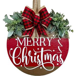 Merry Christmas Hanging Sign for Front Door, Wooden Welcome Wreath with Bow for Holiday Rustic Farmhouse Outdoor Wall Window Decor (Merry Christmas Wreath)