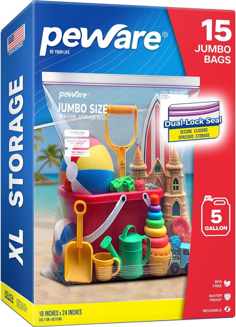 Jumbo 5 Gallon Size Zip Bags with Double Zippers, Clear Plastic Storage Bags for Household and Travel Use, Clothes and Toys, Large Assorted Sizes for Moving and Organization 18"x24" [15 COUNT]