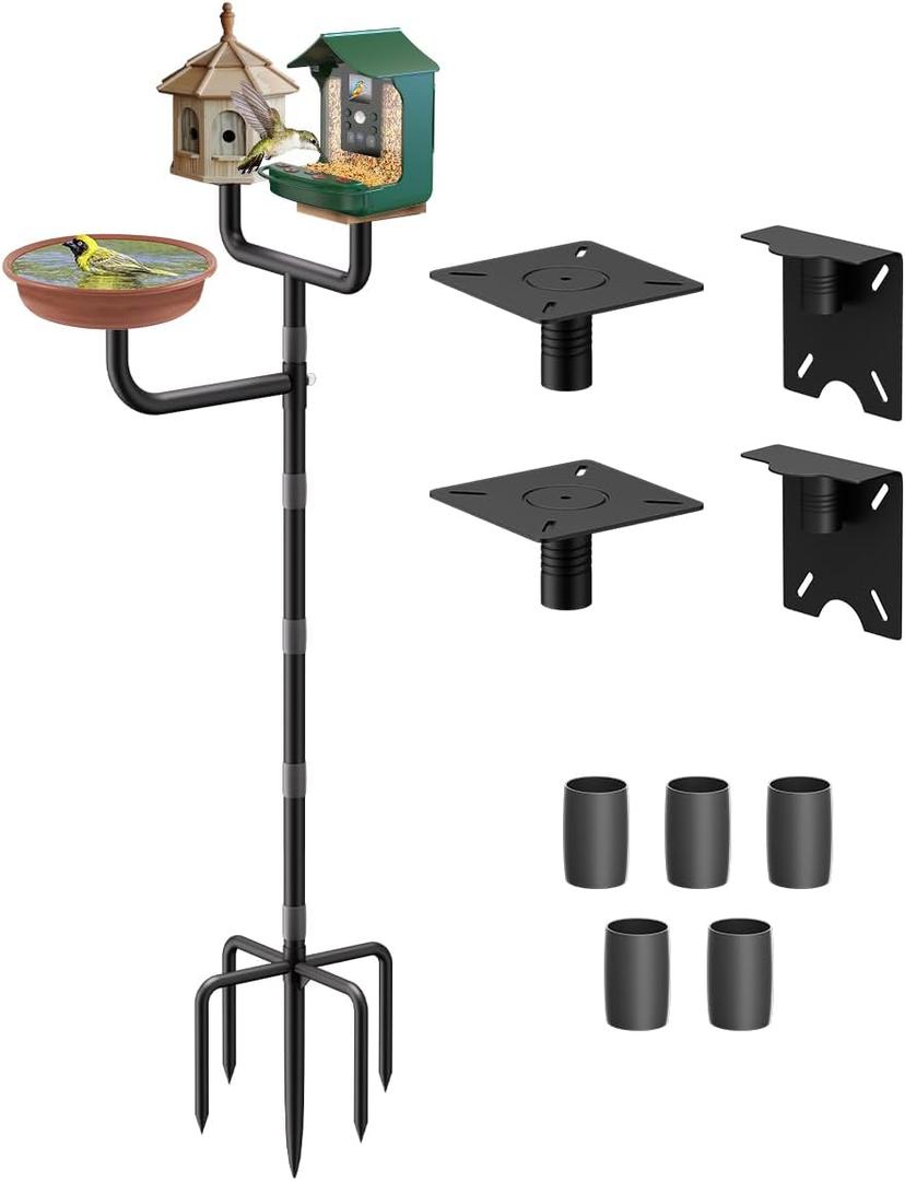 3 Holders Upgrade Bird House Pole with 90inch for Outdoor Bird Feeder Bath, Heavy Duty Adjustable Birdhouse Stand with 4 Plates & 5 Prong Base for Garden, Yard(NO Birdhouse & Birdbath)