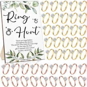 Bucherry Bridal Shower Games with Rings Funny Hunt Games Sign Wooden Game Sign and 100 Mini Plastic Fake Rings with Diamond for Bride Shower Game Wedding Winner Gifts Party Favors(Leaf)
