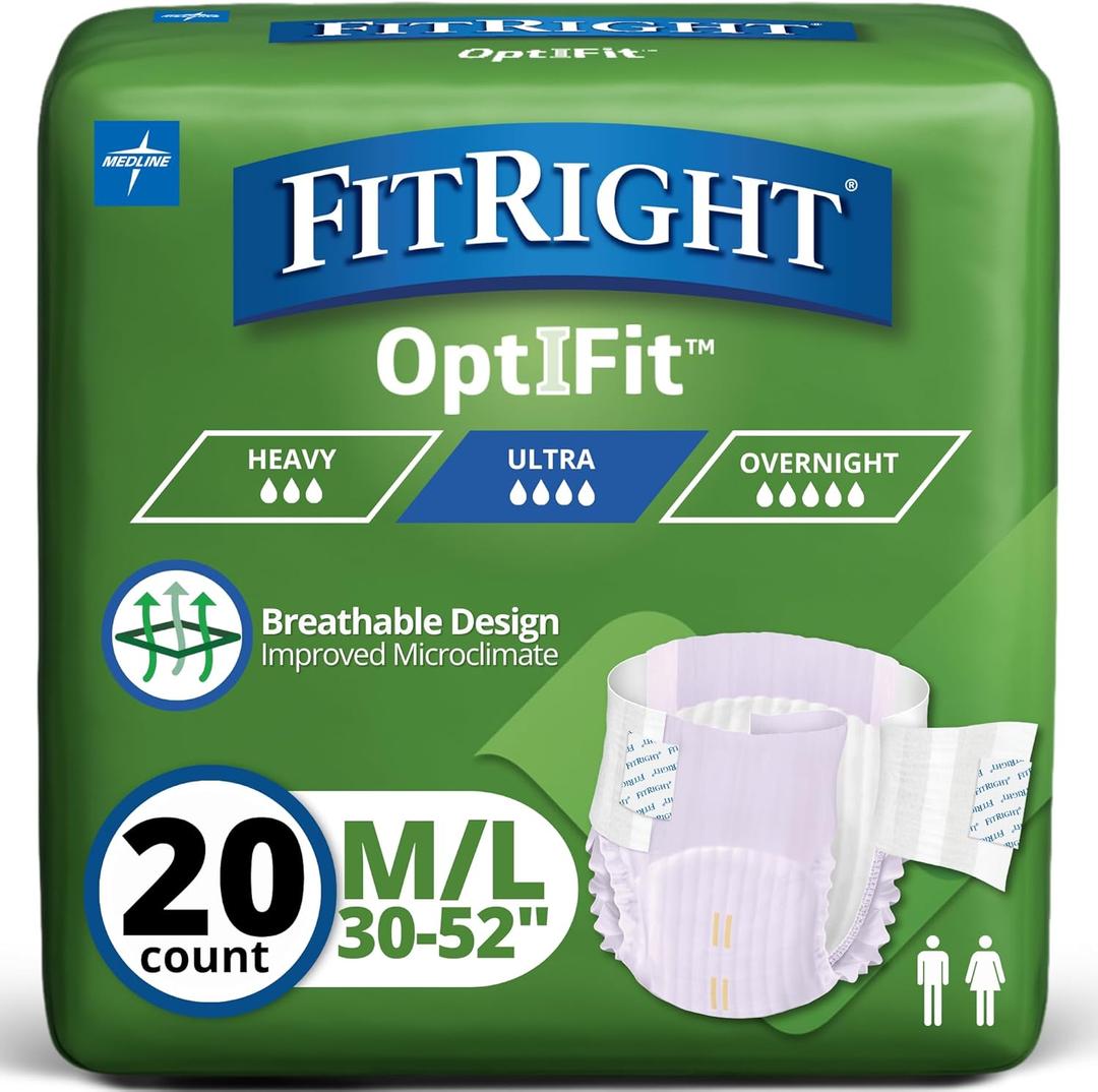FitRight Stretch Ultra Adult Briefs, Incontinence Diapers with Tabs, Heavy Absorbency, Medium/Regular, 30 to 52", 20 Count