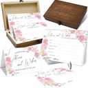 50 Pcs Advice And Wishes for The Mr And Mrs - Floral Wedding Advice Cards with Wood Box, Bride and Groom Well Wishes Box Keepsake, Bridal Shower Party Favors (pink flower-3)