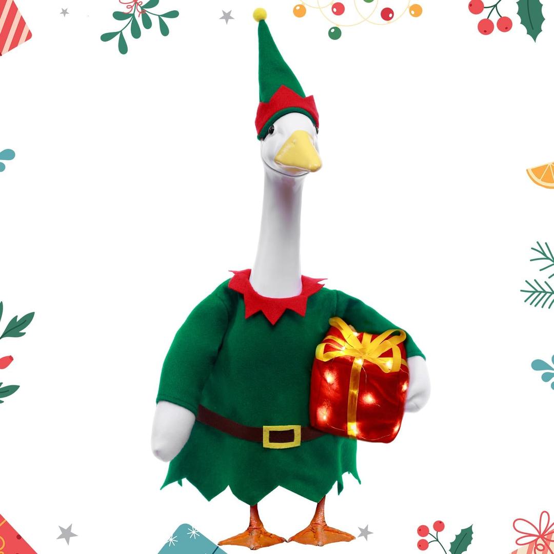 Christmas Porch Goose Outfits,2 Pcs/Set Toy Soldier Style Goose Clothes with Pointed Hat and Gift Box Fits 23" Lawn Goose Statue,Green Christmas Outdoor Goose Costume,Yard Patio Garden Xmas Decor