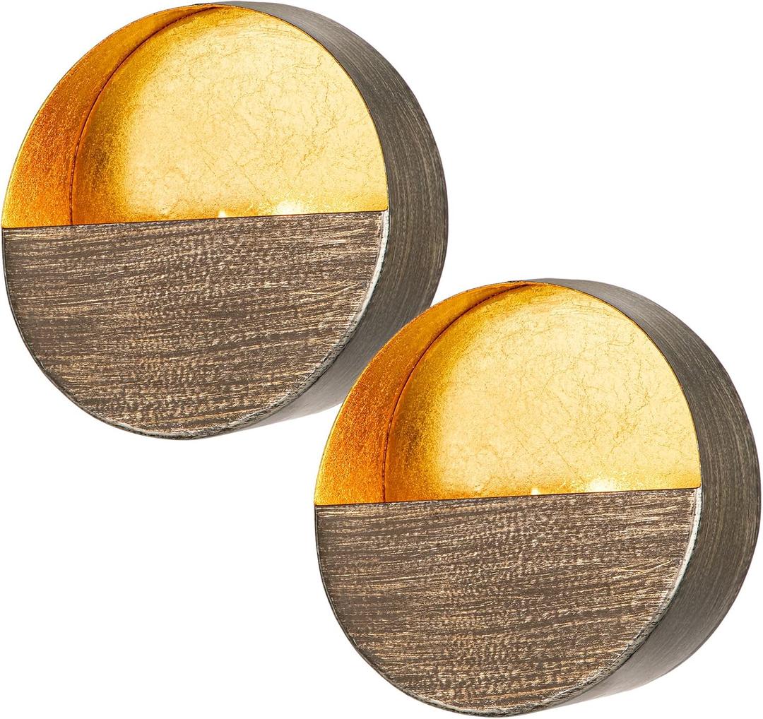 Luxury Metal Wall Candle Sconces  Small Handcrafted Wall-Mounted Tealight Candle Holders with Gold Leaf Interior  Modern & Rustic Home Dcor for Living Room, Hallway  6.5" Bronze Two Pieces