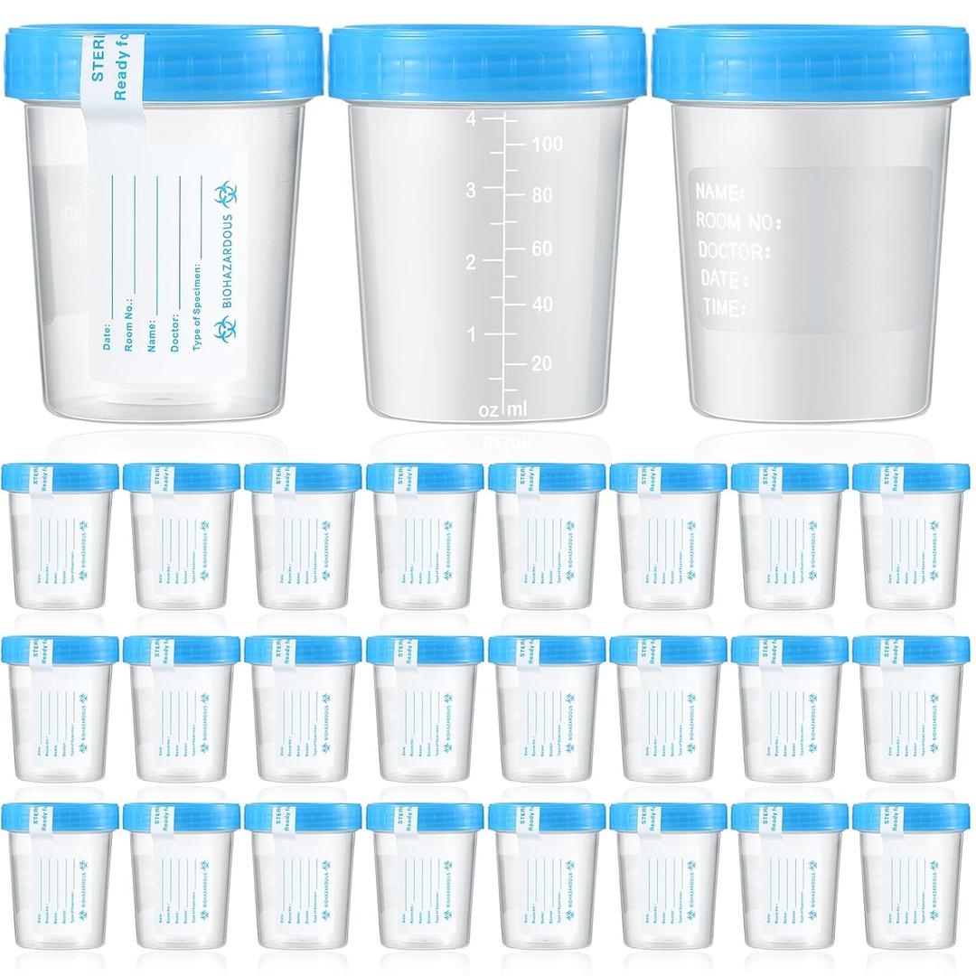 25 Pcs Urine Specimen Cups with Lids and Evident Seal Urine Sample Cups Collection Cup Disposable for Collection and Testing (Blue Lids)