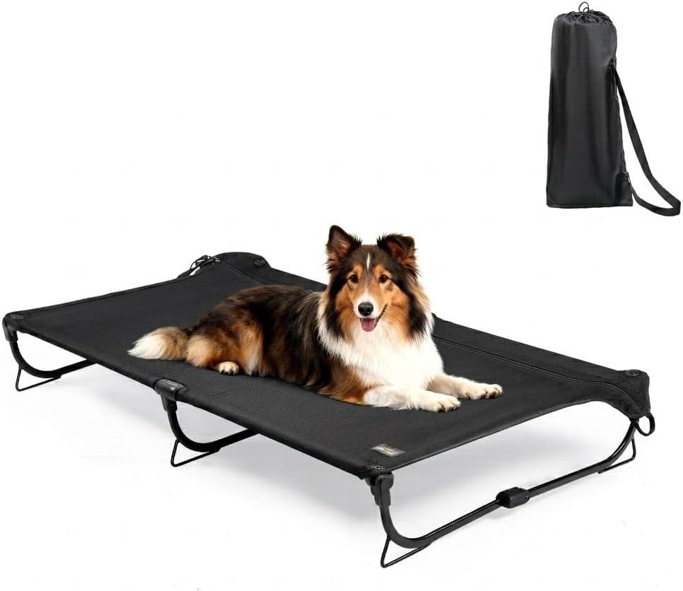 CANINE CANYON Folding Raised Dog Cot, Large Outdoor Elevated Dog Bed, Cooling Chew Proof Pet Cots Bed, Portable, Heavy Duty Up to 160 lbs, Pet Cot for Camping, Home, Black, 43"x27"x7"