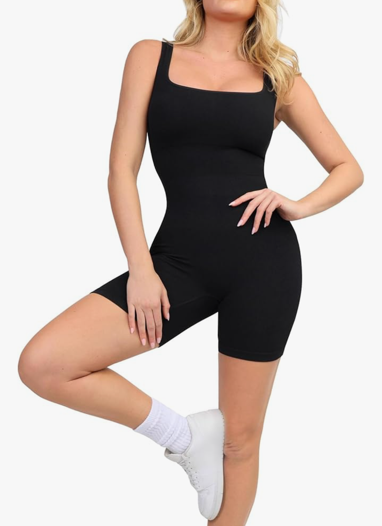 Shapewear Jumpsuits for Women Built-in Bra Square Neck Rompers Shorts Bodycon Bodysuits Summer Outfits S