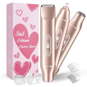 Bikini Trimmer for Women3 in 1 Electric Razor with Ceramic Blades, IPX7 Waterproof, USB Rechargeable, Painless Hair Removal for FaceBodyBikini Area, Travel Grooming Kit (Rose Gold)