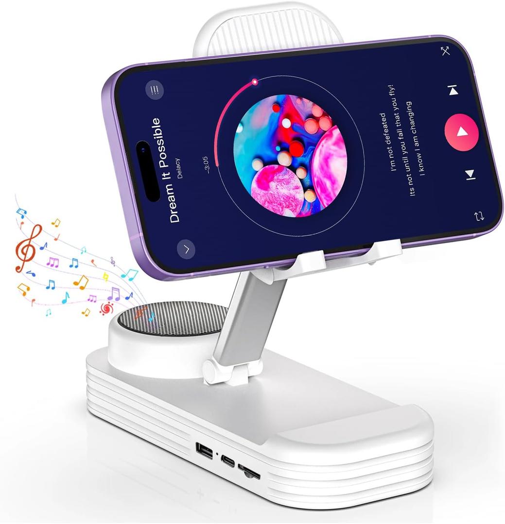 Christmas Tech Gift for Men, Cell Phone Stand with Wireless Bluetooth Speaker and Anti-Slip Base HD Surround Sound Perfect for Home and Outdoors with Bluetooth Speaker for Desk Compatible (White)