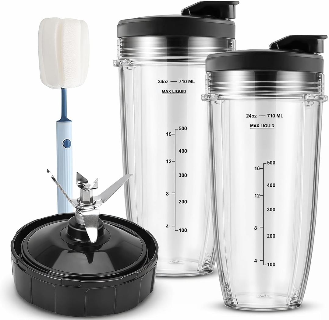 6pcs Cups Replacement and Blade Compatible with Ninja Blender, 24oz Ninja Cups for Blender and 7Fins Blade Replacement, Ninja Blender Replacement Parts for BL642-30 BL450-30 BL482-30 BL687CO-30 ect.