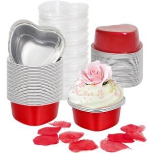Heart Shaped Cake Pans for Baking with Red Petals, BLVRYVIO 50 Sets Aluminum Cupcake Cups with Lids, 100 ml/ 3.5 Ounces Red Disposable Mini Foil Pans for Valentine's Day Wedding Parties (50)