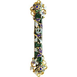 Hand Painted Mezuzah, Exquisite Enamel Mezuzah with Blue Crystal Accent