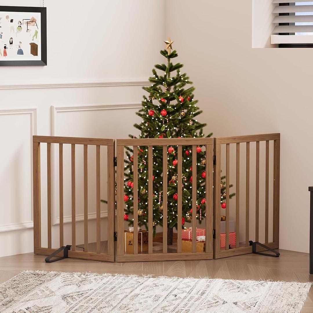 Dog Gates for Doorways, Freestanding Dog Gate Indoor, Foldable Pet Gates for Doorways Bedroom, Puppy Gate with Metal Support Feet, Room Divider 3 Panels (Dark Walnut)