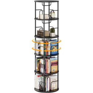 5 Tier Rotating Bookshelf, 360 Display Spinning Corner Bookshelf, Space-Saving Metal Frame Bookcase for Living Room, Office, Bedroom, Black