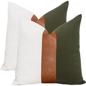 Set of 2 Farmhouse Cotton Throw Pillow Covers 18x18 Decorative Rustic Pillow Case Olive Green and White Square Cushion Case for Sofa Couch Bed Modern Faux Leather Pillowcase