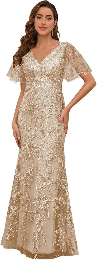 PINMJEE Lace Mother of The Groom Dresses with Sleeves Long Mermaid Mother of Bride Dress Champagne Size 12