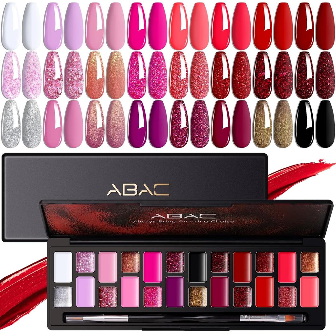 ABAC 24 Color Solid Gel Polish Kit - Rose Gold Glitter & Wine Red Shades w/Pro Brush | No-Spill,Hema-Free for Date Nights,Holiday Gifts & Home Manicure (Rosy Beauty)