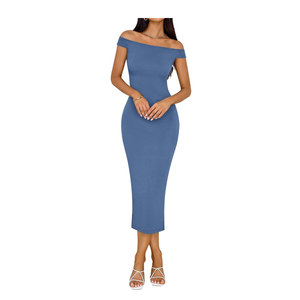 BTFBM Summer Dresses for Women 2025 Midi Off The Shoulder Sleeveless Split Knit Slim Fit Cocktail Party Going Out Dress, L