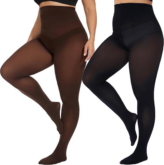 CozyWow Plus Size Tights for Women 80D Soft Solid Color Semi Opaque Pantyhose High Waist DarkBlue/Brown-3XL