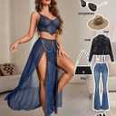 Avidlove Women Lingerie Babydoll Chemise 3 Piece Set Mesh Side Split Nightgown (Blue, S)