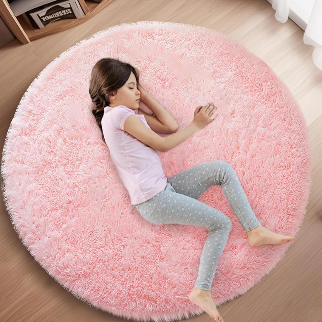 Skyweaver Pink Round Fluffy Rug for Bedroom, 5ft Circle Furry Carpet for Teens & Kids Room, Nursery & Room Decor, Fuzzy Plush Shaggy Circular, 5'X5' Rugs for Girls Home Deco