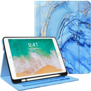 for iPad 6th 5th Generation Cases 2018/2017, iPad Air 2 Case 2014, iPad Air 2013, iPad Pro 9.7 inch Case 2016 with Pencil Holder, Leather Folio Cover for Kids, Women, Men, Marble Blue | 2018/2017, 2014, 2013, 2016, with Pencil Holder, for Kids