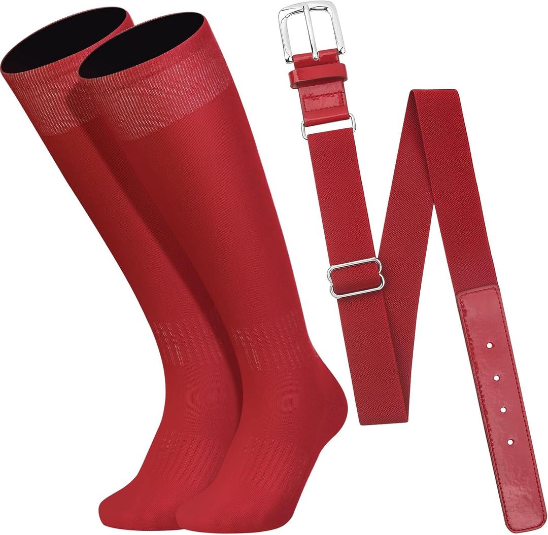 Baseball Socks and Belt Combo Set for Youth Boys Girls Adult, Softball Tball Belt Socks with Elastic Belts (Large, Burgundy)