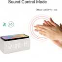 Wooden LED Alarm Clock with Wireless Charging Temperature and Humidity Display Calendar Adjustable Brightness Sound Control for Bedroom Home Office (White), Small