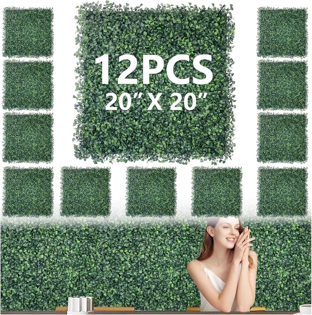 12Pcs 20"x 20" Grass Wall Panels Greenery Wall Backdrop Artificial Boxwood Hedge Panels UV Protected Easy Install for Indoor/Outdoor Privacy Fence & Garden Decor