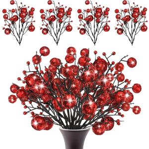 Geosar 24 Pieces Christmas Glitter Berries Stems 10 Inch Christmas Berry Picks Artificial Glittered Berries Ornaments Floral Stems for Xmas Tree,Home Wreath,Party Decoration(Red)