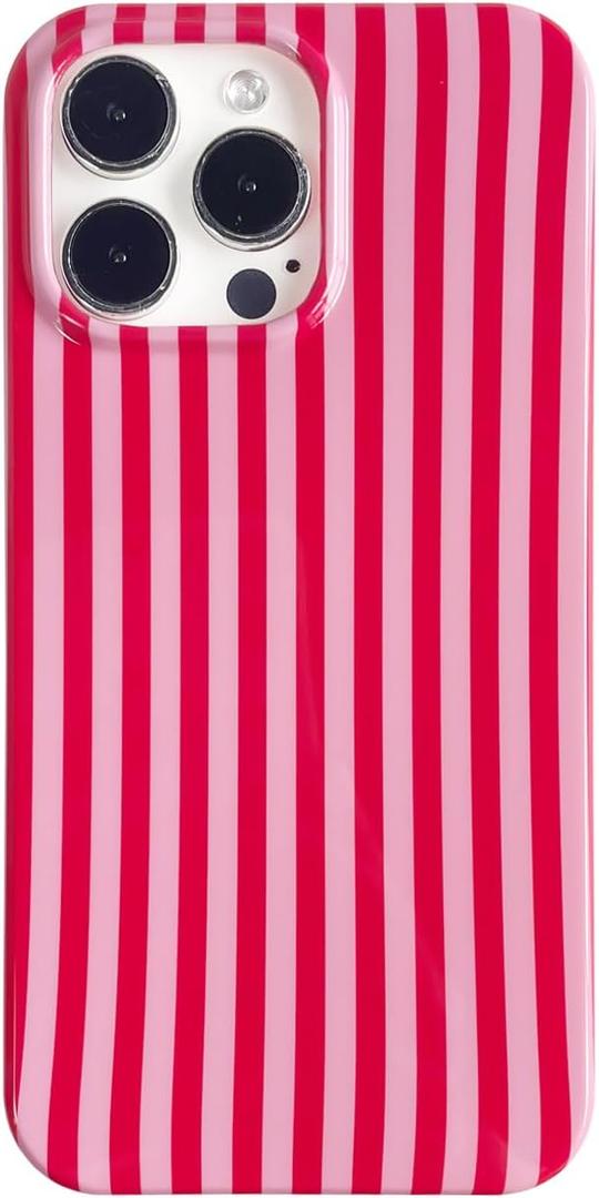 Cute Striped Phone Case Compatible with iPhone 16 Pro 6.3",Aesthetic Trendy Retro Stripe Pattern Chic Pretty Stylish Protective Girls Women Cover for iPhone 16pro-Red Pink