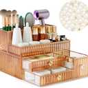 Makeup Organizer Golden- Tempered Glass Vanity Organizer for Cosmetics, Skincare, Hair Tools, Brushes, Perfume - Multipurpose Bathroom Counter Skincare Organizer, 
Product Dimensions : 11"D x 7.87"Wx 7.87"H