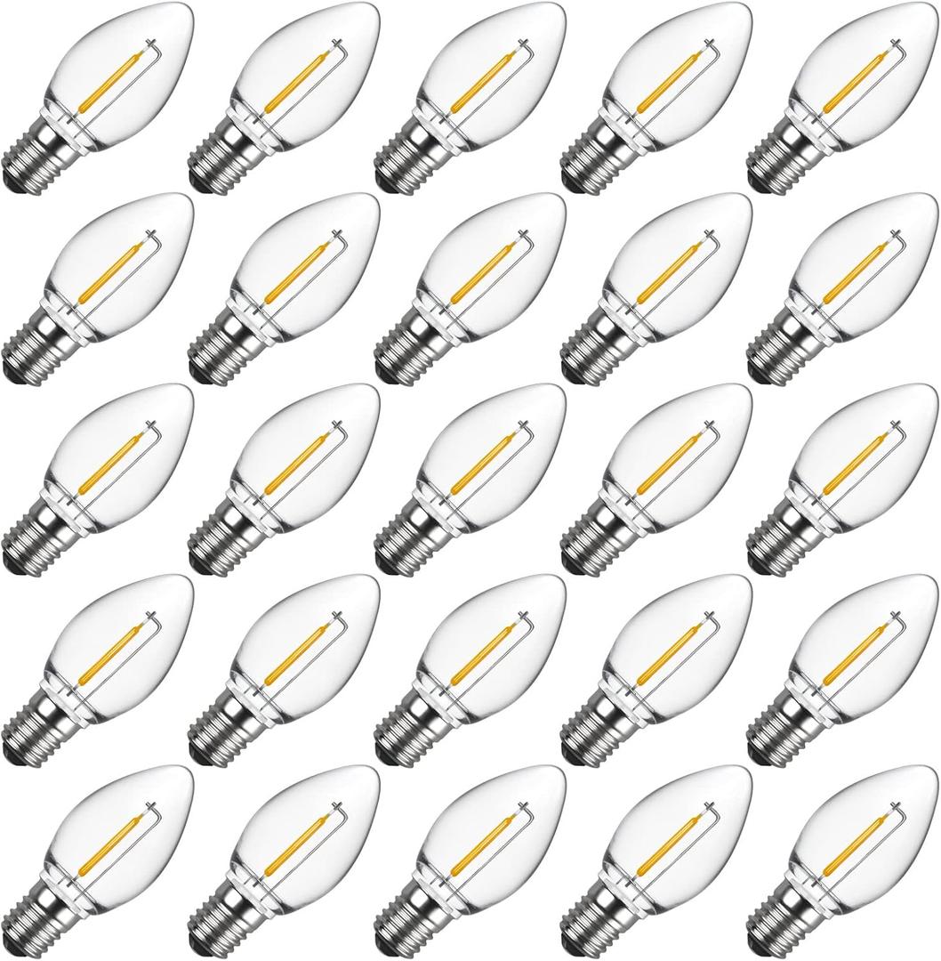 Meconard C7 LED Replacement Christmas Light Bulbs, C7 Shatterproof LED Bulbs for Christmas Indoor Outdoor String Lights, E12 Candelabra Base, Commercial Grade Holiday Bulbs, Warm White, 25 Pack