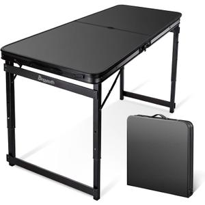 4FT x 2FT Folding Camping Table Adjustable Height with Umbrella Hole, Aluminum Alloy Legs Foldable Portable Outdoor Table for Picnic, Travel, Parties, Kids Craft, Market Vendor Use