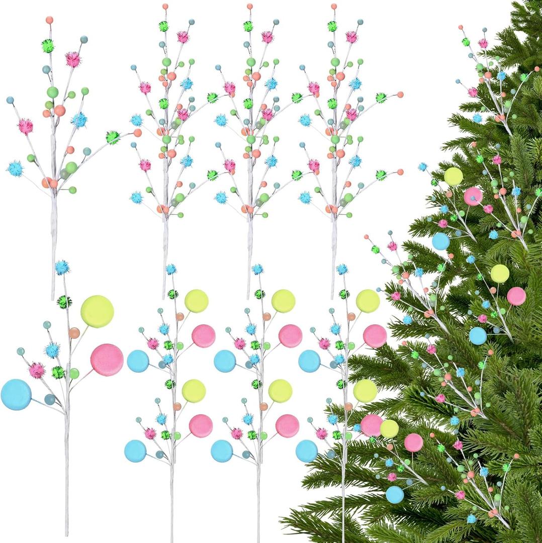 12 Pcs 16 Inch Pastel Candy Christmas Tree Picks Macaron Pastel Candy Pick Sprays Tree Ornaments for Christmas Toppers Home Vase Fillers Xmas Party Decorations