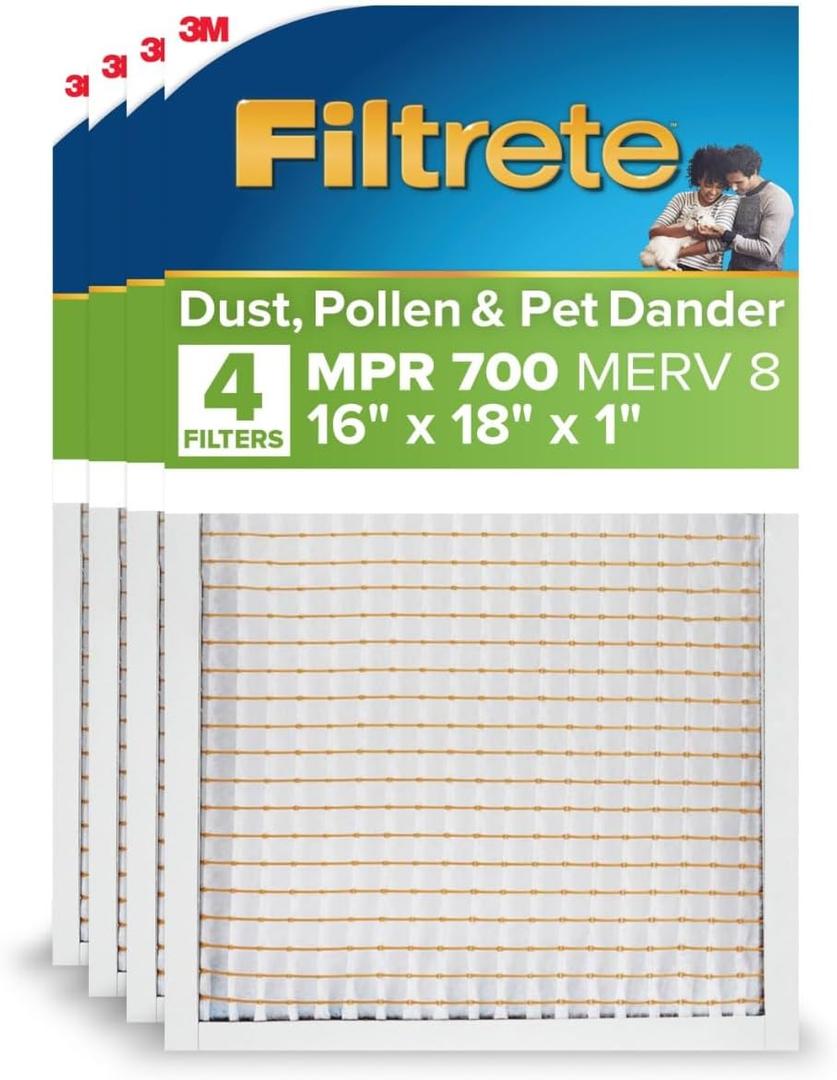 Filtrete 16x18x1 AC Furnace Air Filter, MERV 8, MPR 700, Tough on Pollen, Easy on Airflow, 3-Month Pleated 1-Inch Electrostatic Air Cleaning Filter, 4-Pack (Actual Size 15.687 x 17.687 x 0.81 in)