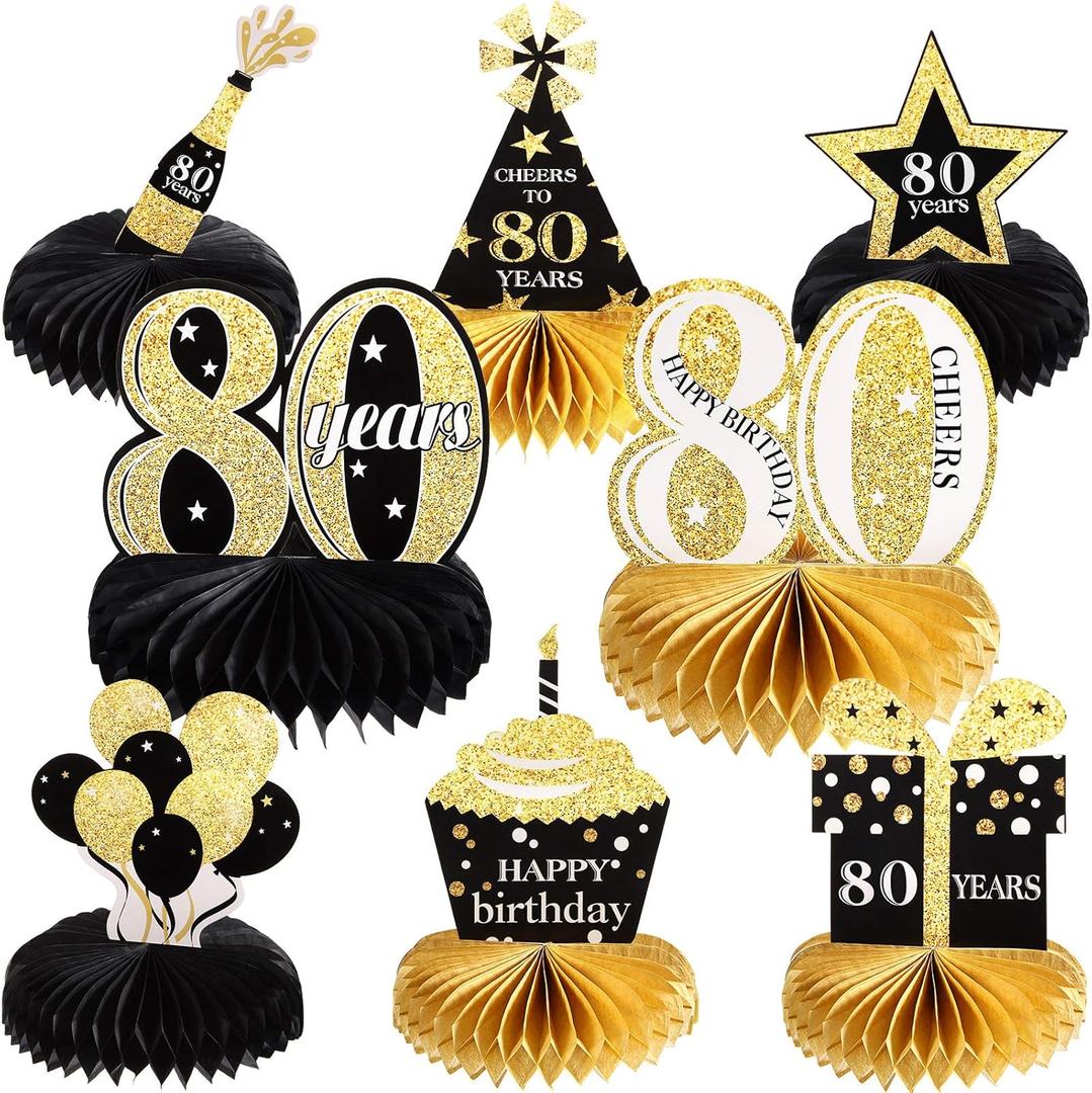 Outus 8 Pcs 80th Birthday Table Decorations for Men and Women Happy 80th Honeycomb Centerpieces Black Gold Cheers to 80 Years Decor 1945 Tables Toppers for Eighty Birthday Anniversary Party Favors