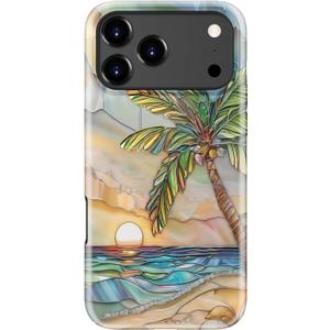 Esdot for iPhone 17 Pro Case Cute - Wireless Charging Compatible Dual-Layer Soft Silicone + Hard Shell - Wildflower Design - Protective Phone Cover for Women Girls - Palm Tree Sunset Beach