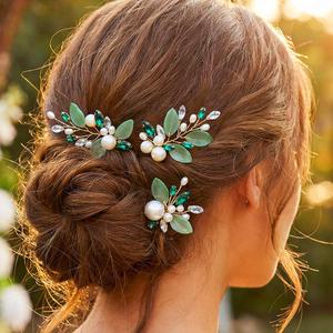 CASDRE Pearl Bride Wedding Hair Pins Gold Leaf Hair Pieces Green Crystal Accessories for Women (Pack of 3