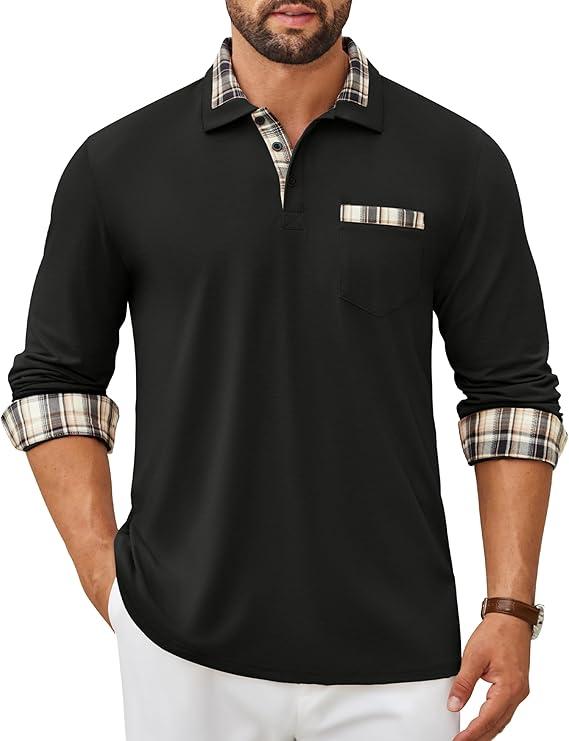 COOFANDY Men's Polo Shirt Long Sleeve Casual Button Polo Tee Plaid Collared Golg Shirt with Pocket M