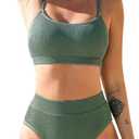 CUPSHE Women's Bikini Set Two Piece Swimsuits High Waisted Scoop Neck Spaghetti Adjustable Straps Textured (Medium, Olive Green)