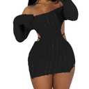 Sexy Off Shoulder Fuzzy Y2K Mini Dress for Women Strappy Backless Long Sleeve Party Club Birthday Dresses Date Night Black,M
