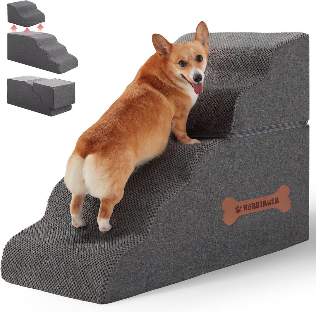 5-Step Spliceable Pet Stairs: Indoor& Outdoor Multi-Use with a Removable Cover and a Pocket, Best for Small Pets and Older Dogs Who Has Spine and Arthritis Issues to Get on High Beds, Grey22.8" H