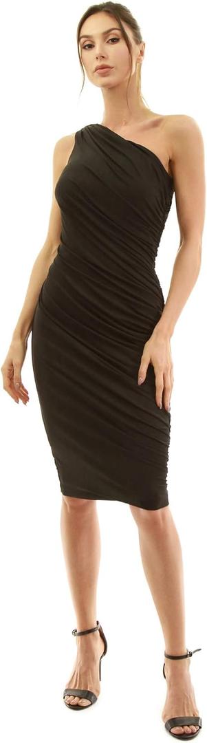 AmlieBoutik Women Sexy One Shoulder Sleeveless Bodycon Ruched Party Wedding Cocktail Dress (Black, L)