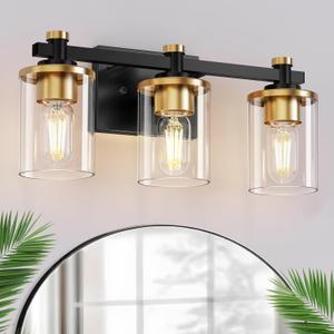 L LOHAS LED 3 Light Bathroom Vanity Light, Black and Gold Bathroom Light Fixture Over Mirror, Modern Lighting Fixtures with Clear Glass Shade, Vintage Vanity Lights for Bathroom Mirror Hallway, ETL (3-Lights, Gold and Black)