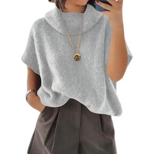 Cicy Bell Womens Oversized Turtleneck Poncho Sweaters Short Batwing Sleeve Casual Slouchy Loose Fit Chunky Knit Pullover Tops, Grey, S