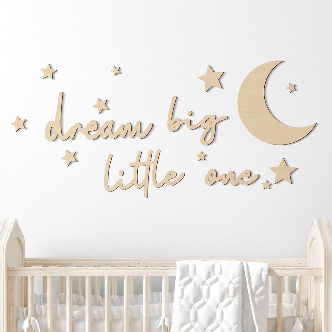 15 Pcs Moon and Stars Nursery Decor Dream Big Little One Wall Decor Boho Neutral Babyroom Wall Art Nursery Sign for Boys Girls Bedroom Home Farmhouse Living Playroom(Wood Color)