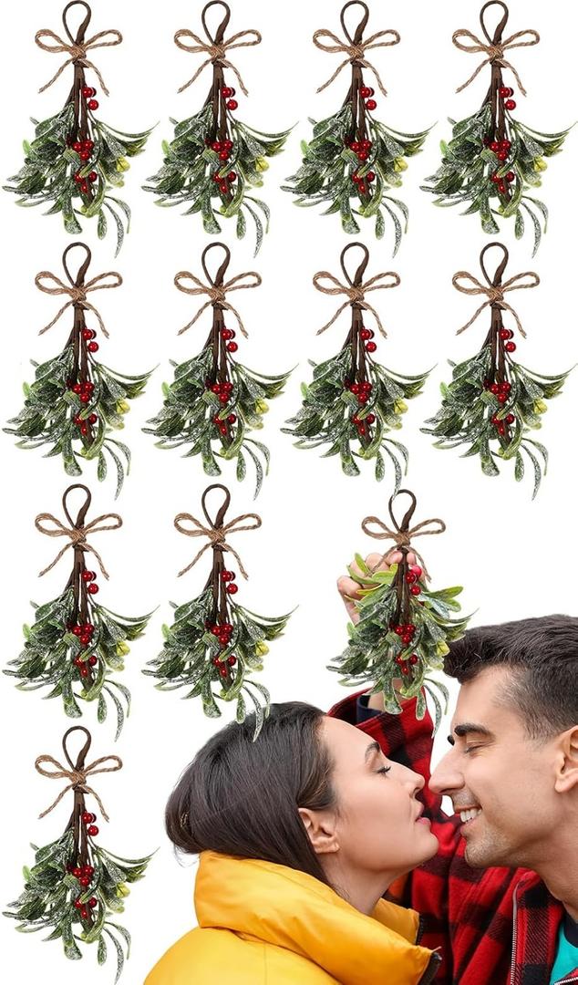 Knitgrip 12 Pcs Christmas Mistletoe Decor Artificial Mistletoe Picks Snowy Berry Branches 8.66 Inch Hanging Ornament Glitter Rustic Christmas Tree Decorations
