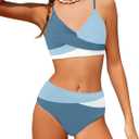 WIQI Girls Swimsuit Bikini Set 2 Piece Bathing Suits Color Block Criss Cross Swimwear  (11-12 Years, Blue White)